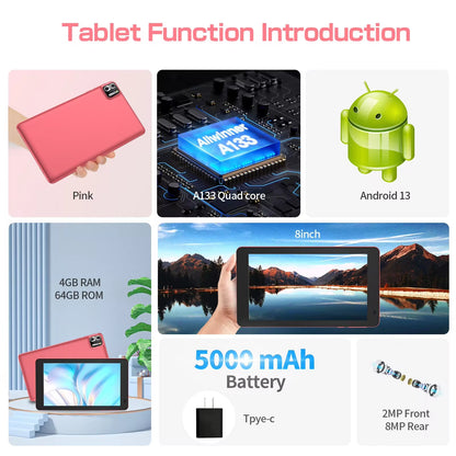 8 Inch Tablet Android 14, 8GB(4+4 Expand) RAM 64GB ROM,1TB Expand,1280X800 IPS Screen 5000MAH Battery,Dual Camera, Wifi